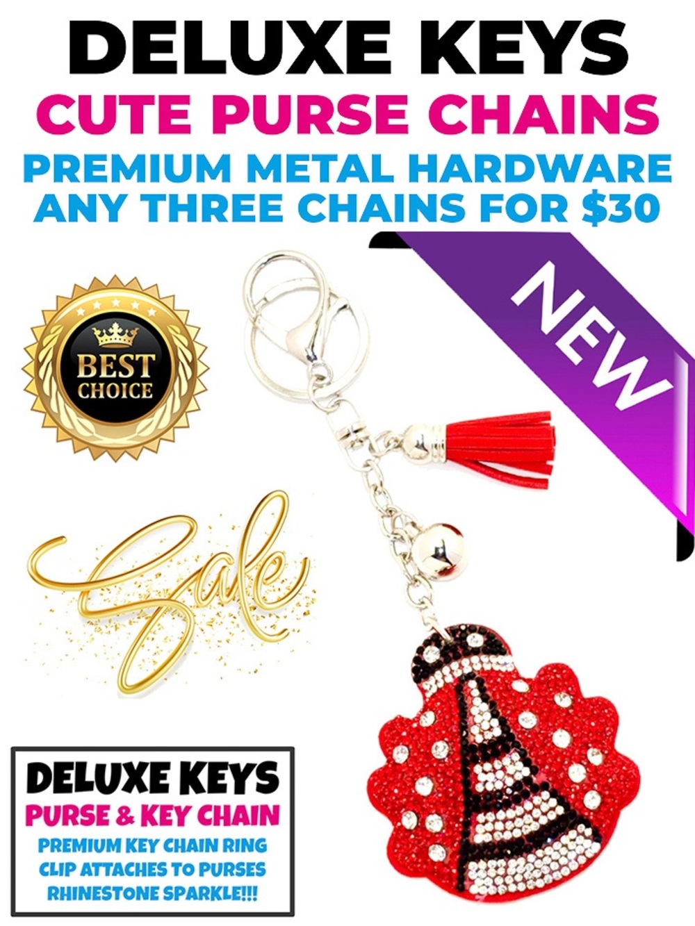 DeLuxe Keys Rhinestone Keychain/Purse Chain-RED LADYBUG